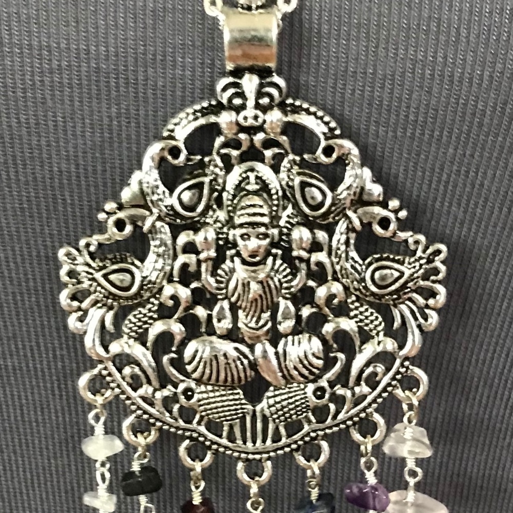 Dancing Shiva Handmade 2-Layer Boho Hindu Silver Necklace Rainbow Chakra Stones - Picture 4 of 16